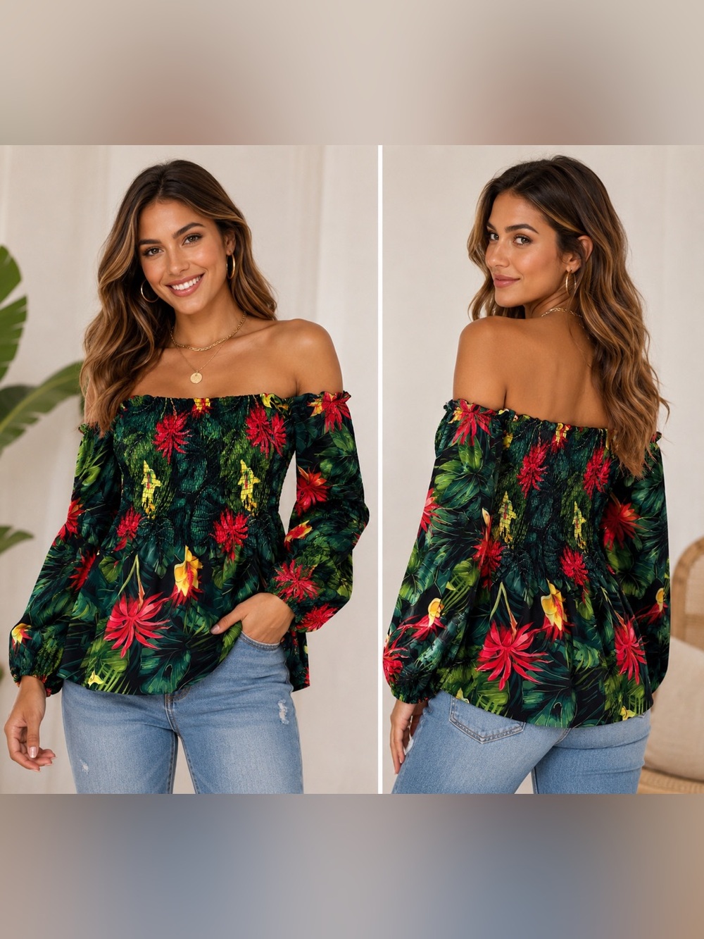 S-DEER Tropical Floral Off Shoulder Smocked Blouse Size L NWT